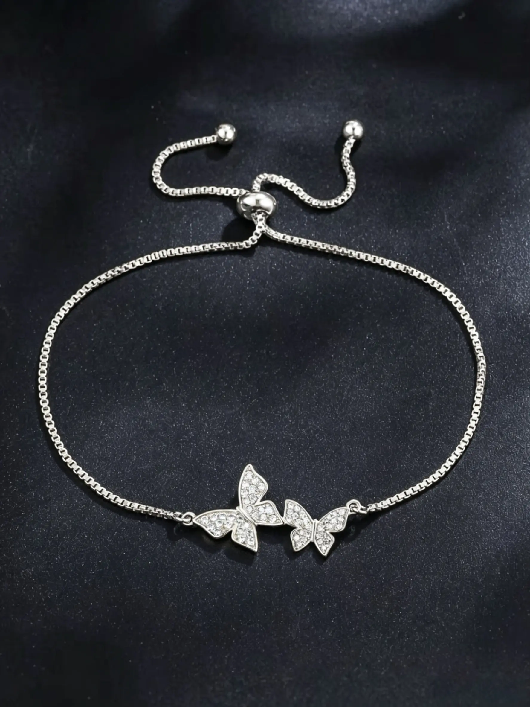 Silver Double Butterfly Bracelet for Women and Girls, Shiny Rhinestone Crystal Charm Bracelet, Adjustable Slider Bolo Box Chain, Dainty Trendy Jewelry Gift for Birthday Friendship