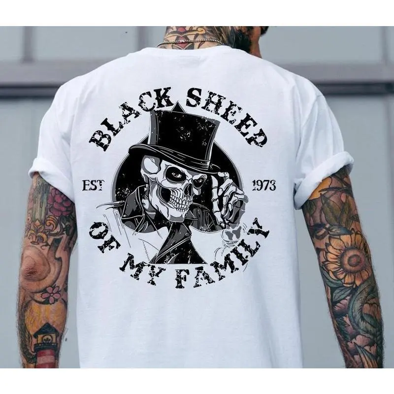 100% Cotton BLACK SHEEP OF MY FAMILY Skeleton Print Men'S T-Shirt, Top Menswear,   Tee Shirt Casual Streetwear Golf Gift T-Shirt For Men And Women