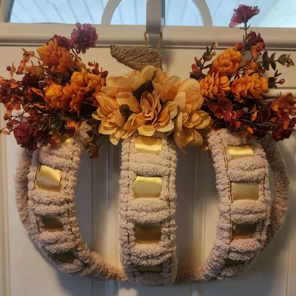 Fall Pumpkin Wreath with Beautiful Flowers with a  Soft and Warm Design, Wrapped in Chanille Yarn & Russian Glass Beads and an Antique Gold Ribbon. Easy Decor to Hang on Walls or Doors. A nice touch to your Fall Decoration collection.