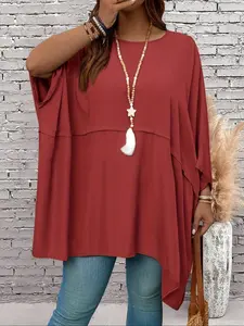 Women's Plus Size Plain Loose Fit Round Neck Top Blouse, Comfortable Fashion Design, Casual Daily Wear, Long Sleeve, All Seasons