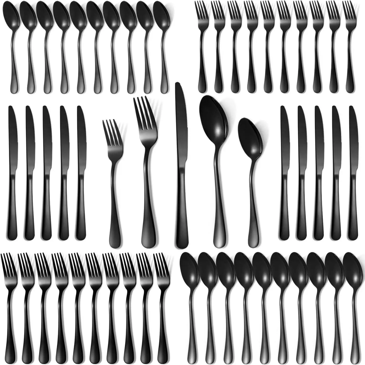 50 Piece Black Silverware Set for 10, Food Grade Stainless Steel Flatware Set with Forks, Knives and Spoons, Reusable Cutlery Set for Home Kitchen Dining, Dishwasher Safe Utensil Set with Smooth Round Edges