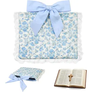Blue Floral Quilted  Cover for Women - Fits Standard Size  Book Padded Protector Washable  Bag with Elegant Lace Trim & Bow Handle - Includes Interior Zipper Pocket
