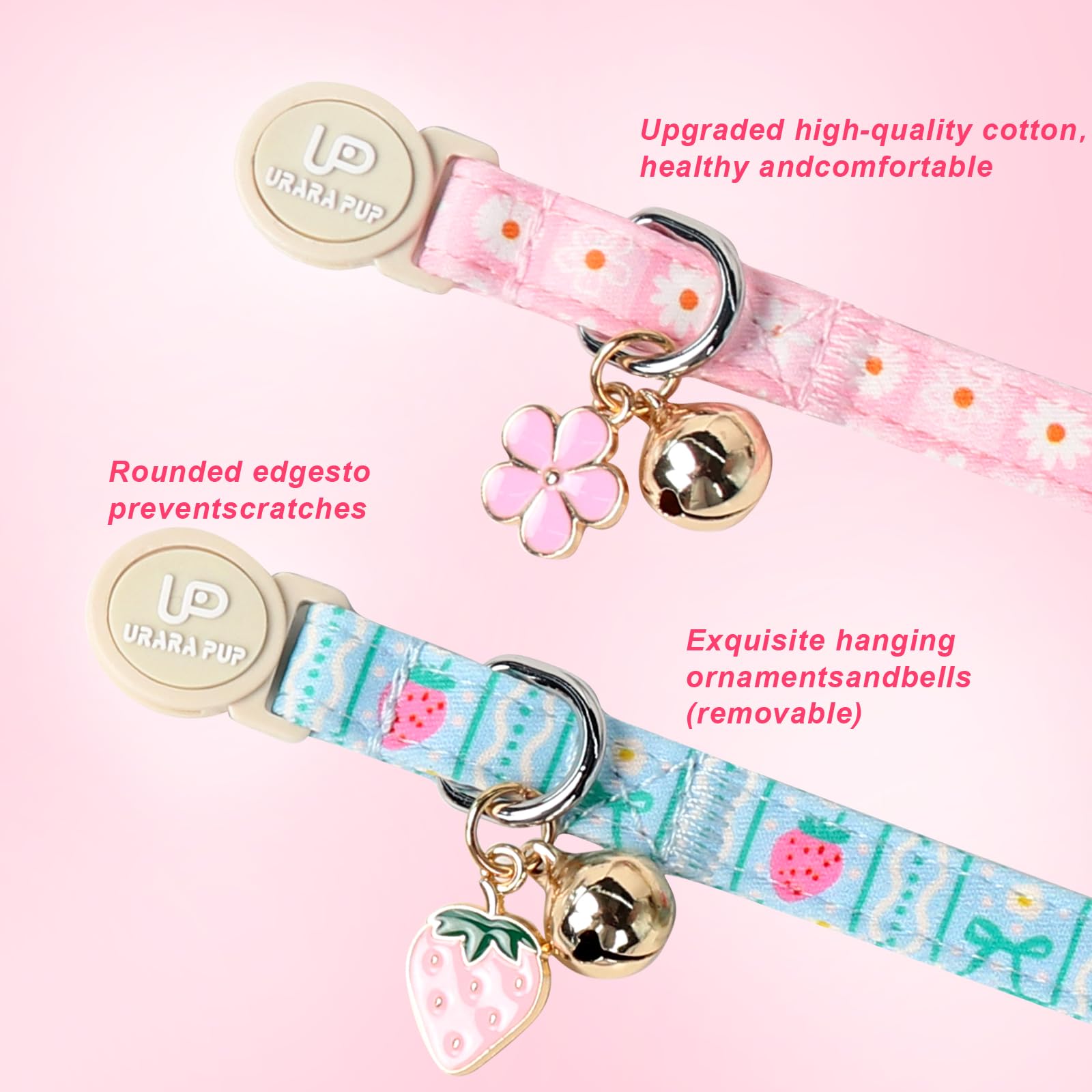UP URARA PUP 2 Pack Breakaway Cat Collars with Bell, Adjustable Strawberry & Daisy Print Lightweight Cat Accessory for Girl Boy Cats