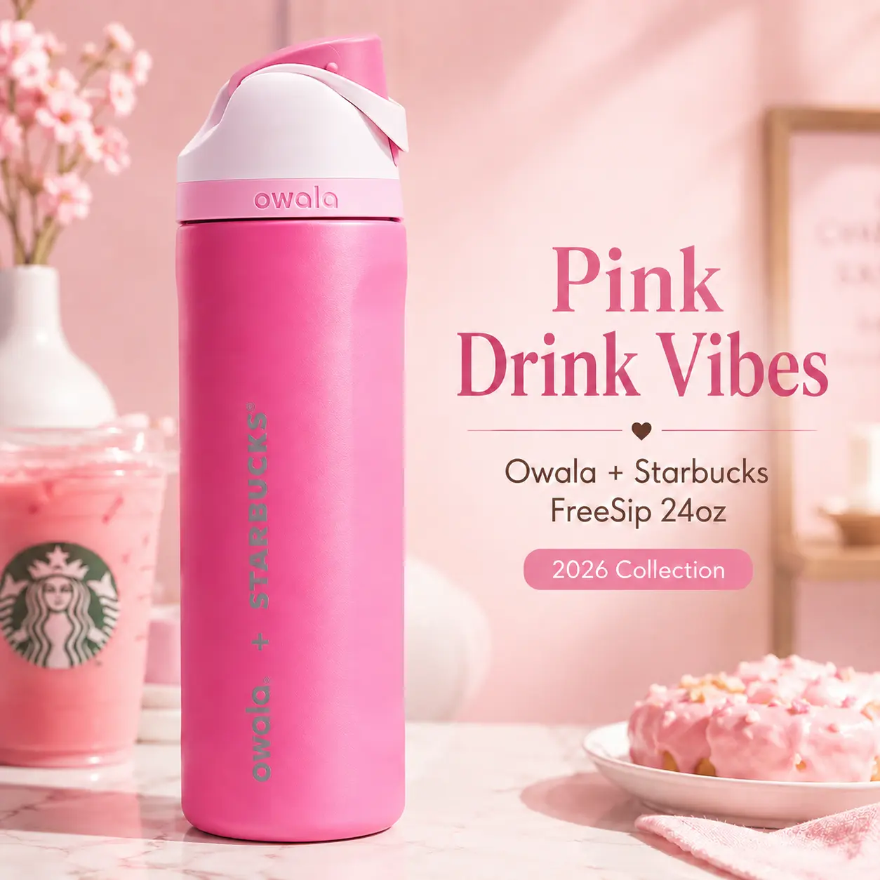 Owala x Starbucks Pink Drink Vibes FreeSip 24oz Limited Edition Pink Insulated Stainless Steel Water Bottle with Built-In Straw