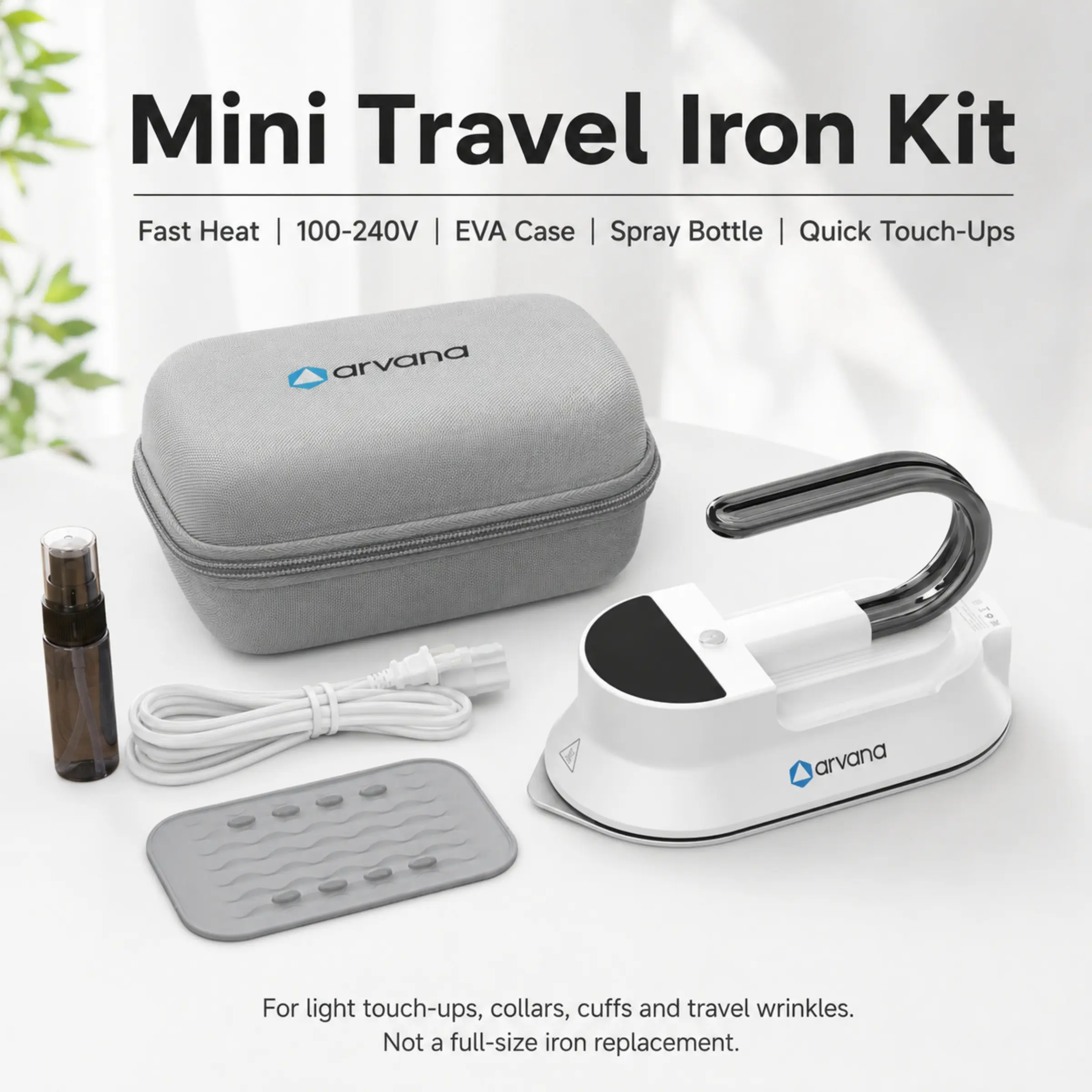 Mini Travel Iron Kit with Digital Display, Portable Clothes Iron for Quick Touch-Ups, 100-240V Dual Voltage, Non-Stick Soleplate, EVA Travel Case, Spray Bottle