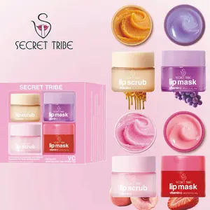 Secret Tribe Magic Lip Mask & ScrubSet (4 Pcs) Exfoliates, Nourishes &Moisturizes VitaminCWhite Peach, Grape, Strawberry &, Honey FlavorsPerfect Gift For Christmas & Mother's Dayplant Squalane