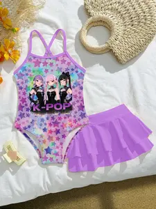 K-Pop Hunter Girl Group Starry Sky Print Halter One-Piece Swimsuit + Cover Skirt Set, Boho Style, Slim-Fitting, All over Print