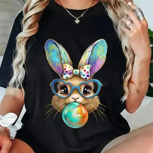 Unisex Happy Easter Bunny Cotton T Shirt with Coquette Bow Brushstroke Design Casual Top Premium Printed Tee