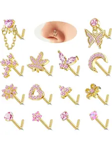 14 Pcs Golden Pink Nose Rings Studs Retro 20G L Shaped Corkscrew Dangle 304 Stainless Steel Copper for Women Men Pink CZ Opal Dangle Nose Piercing Jewelry with Heart Star Butterfly Charm Nose Jewelry Set, Body Jewelry, Body Piercings Set, Spiral Nose Ring