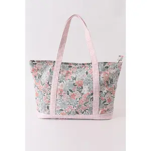Pink floral plaid tote bag