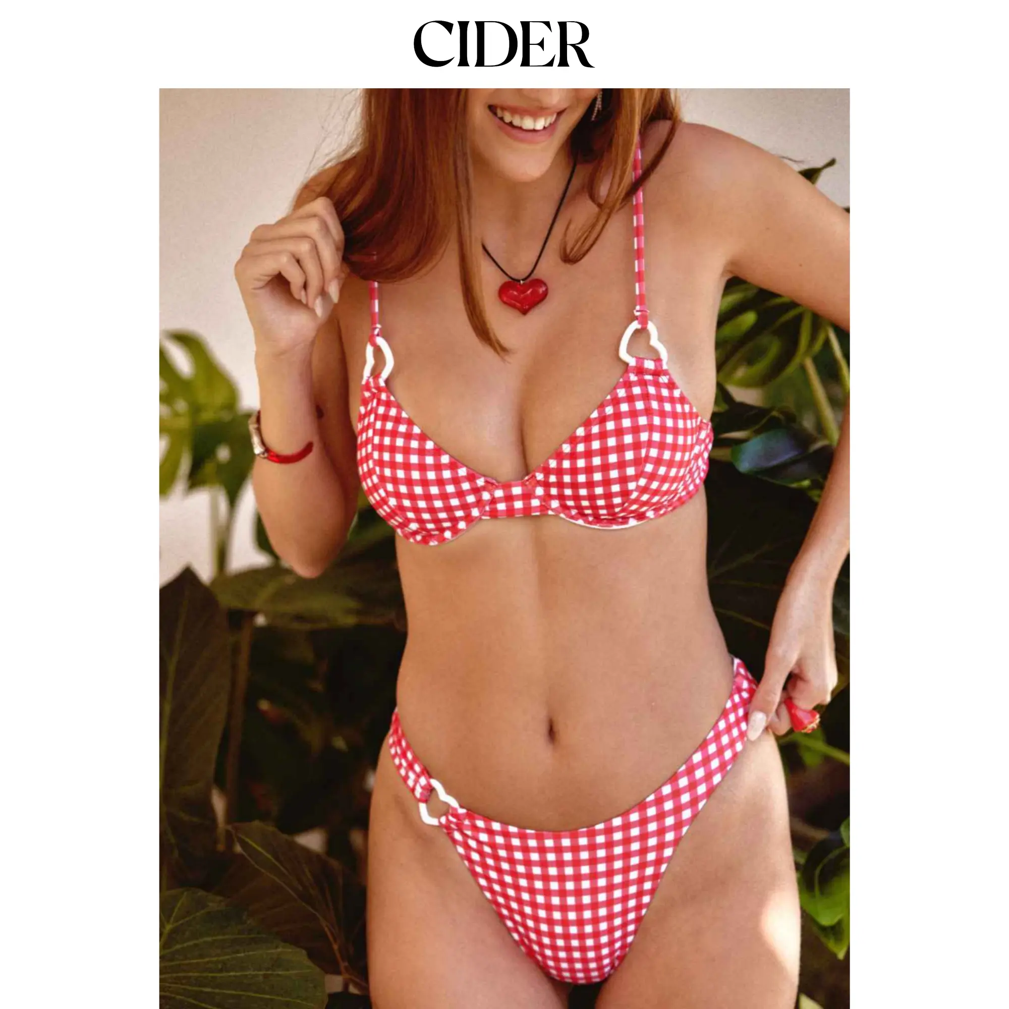 Cider Women's Underwired Checkered Print 2-Piece Beach Bikini Set - Linked Heart Ring Detail, Supportive Bikini Swimsuits for Beach Vacations, Plaid