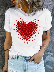 Women's Heart Pattern Print Half Sleeve T-Shirt, Womenswear, Casual Round Neck Top, Daily Wear, Everyday, Back-To-School Clothing, All-Season Women's Apparel