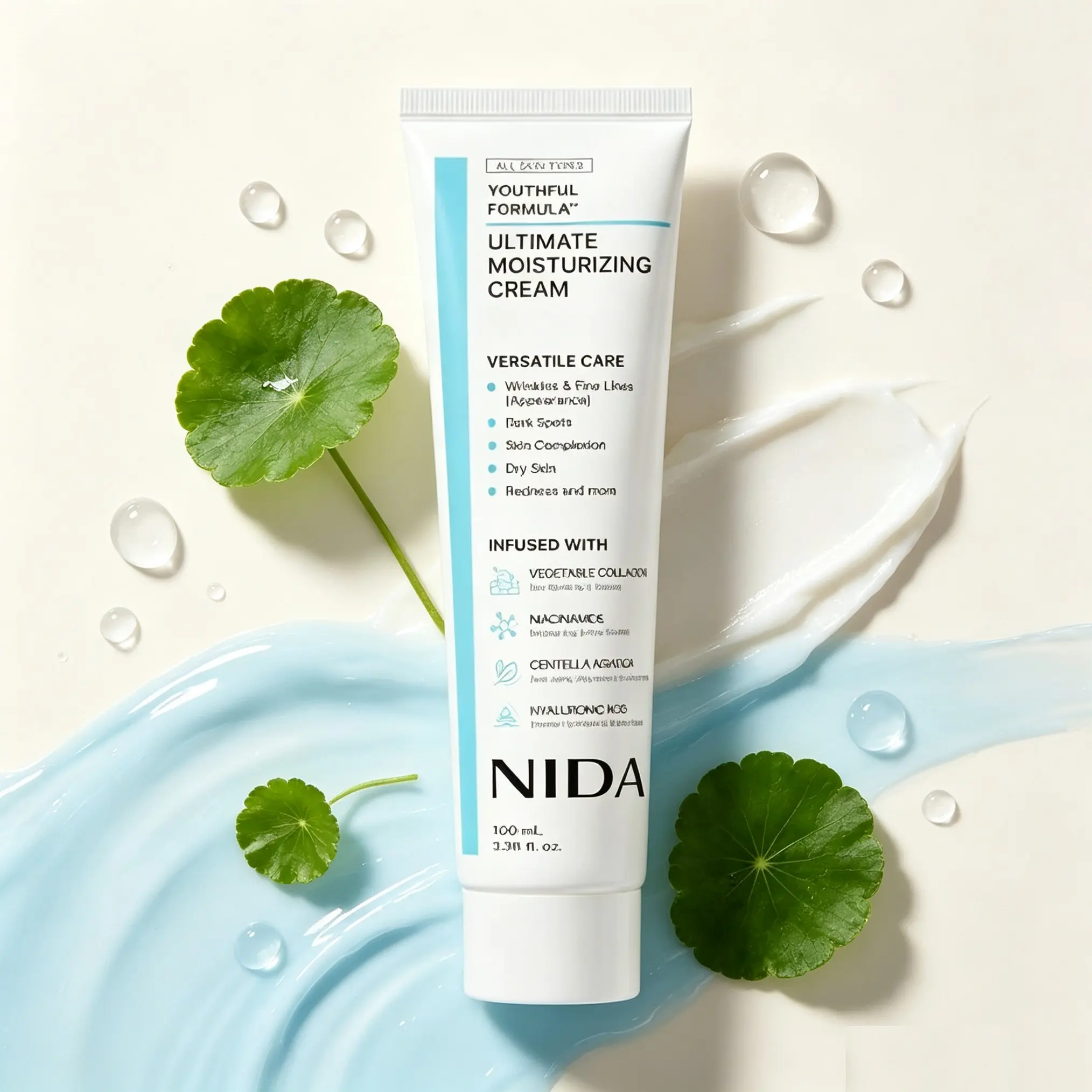 NIDA Ultimate Moisturizing Cream, Youthful Formula Face Moisturizer with Collagen, Niacinamide, Centella Asiatica & Hyaluronic Acid, Hydrating Cream for Fine Lines, Dark Spots, Dry Skin and Radiant Skin Tone, 100 ml