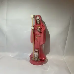 Santa Muerte Rosa 15 CM  Hecha Abase de Resina y Hueso 