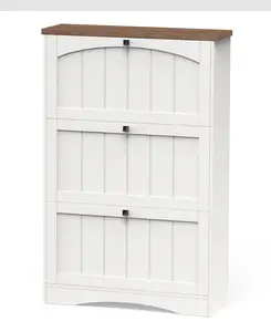 HOOBRO Large Shoe Cabinet, Farmhouse Entryway Organizer with Flip-Down Drawers and Adjustable Shelves, Holds 18 Pairs Storage for Hallway, Closet, White and Walnut