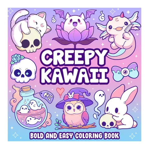 Adult Coloring Book - 8.5x8.5", English, High-Resolution Printing, Creepy Kawaii & Cute Spooky Mix, Pastel Goth Vibe, Bold Lines, Simple Details, Easy Start, Single-Side Crisp White Paper, Stress Relief for Adults