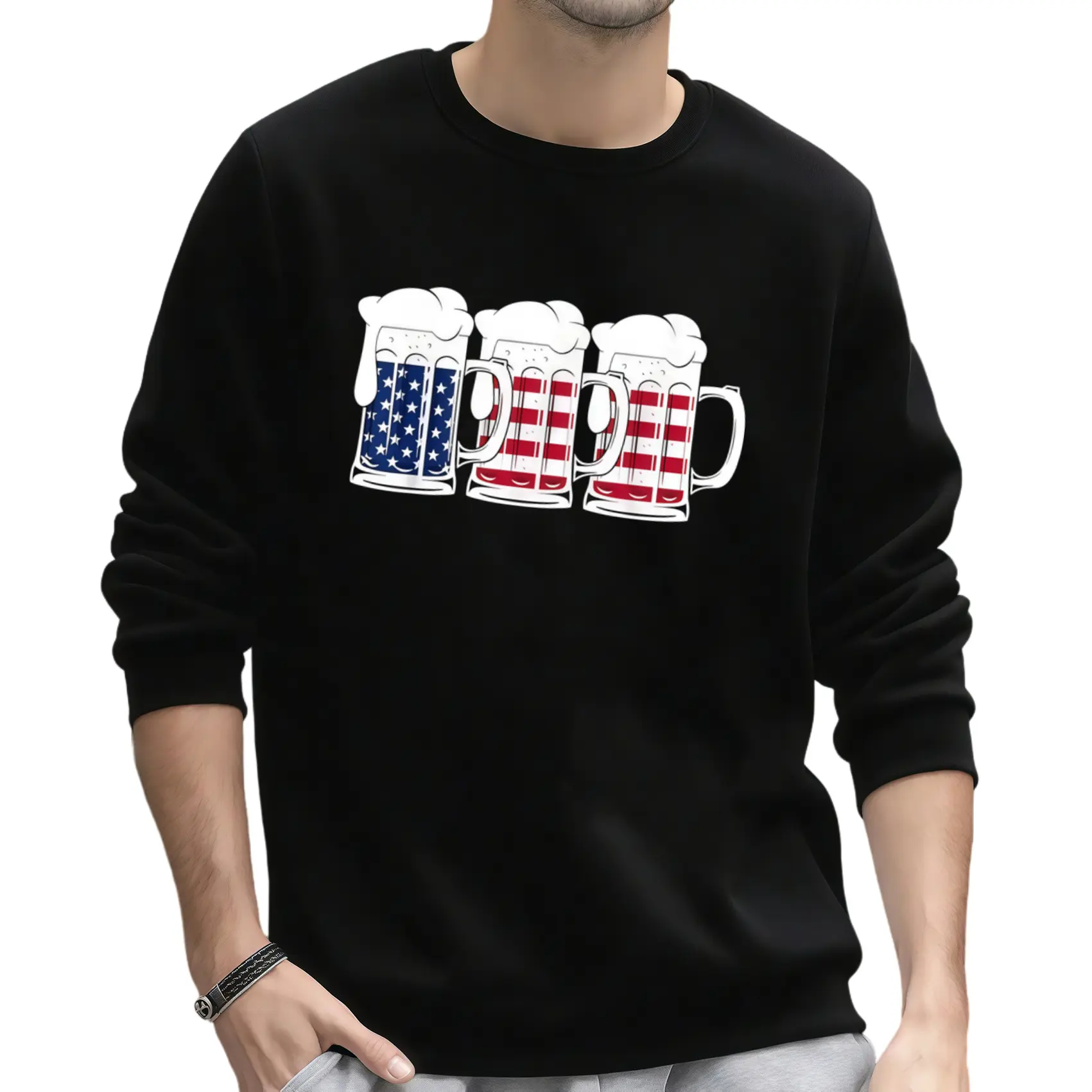 Men’s Black Long Sleeve Sweatshirt with Breathable Fabric and Patriotic American Flag Beer Mugs Print for 4th of July
