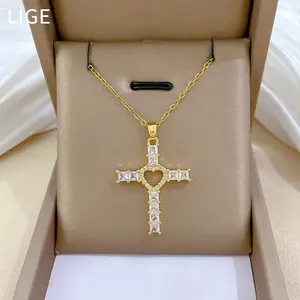 Luxury Full-Diamond Heart Cross Necklace for Women, Elegant Gorgeous Full-Crystal Clavicle Chain, Titanium Steel Versatile Jewelry