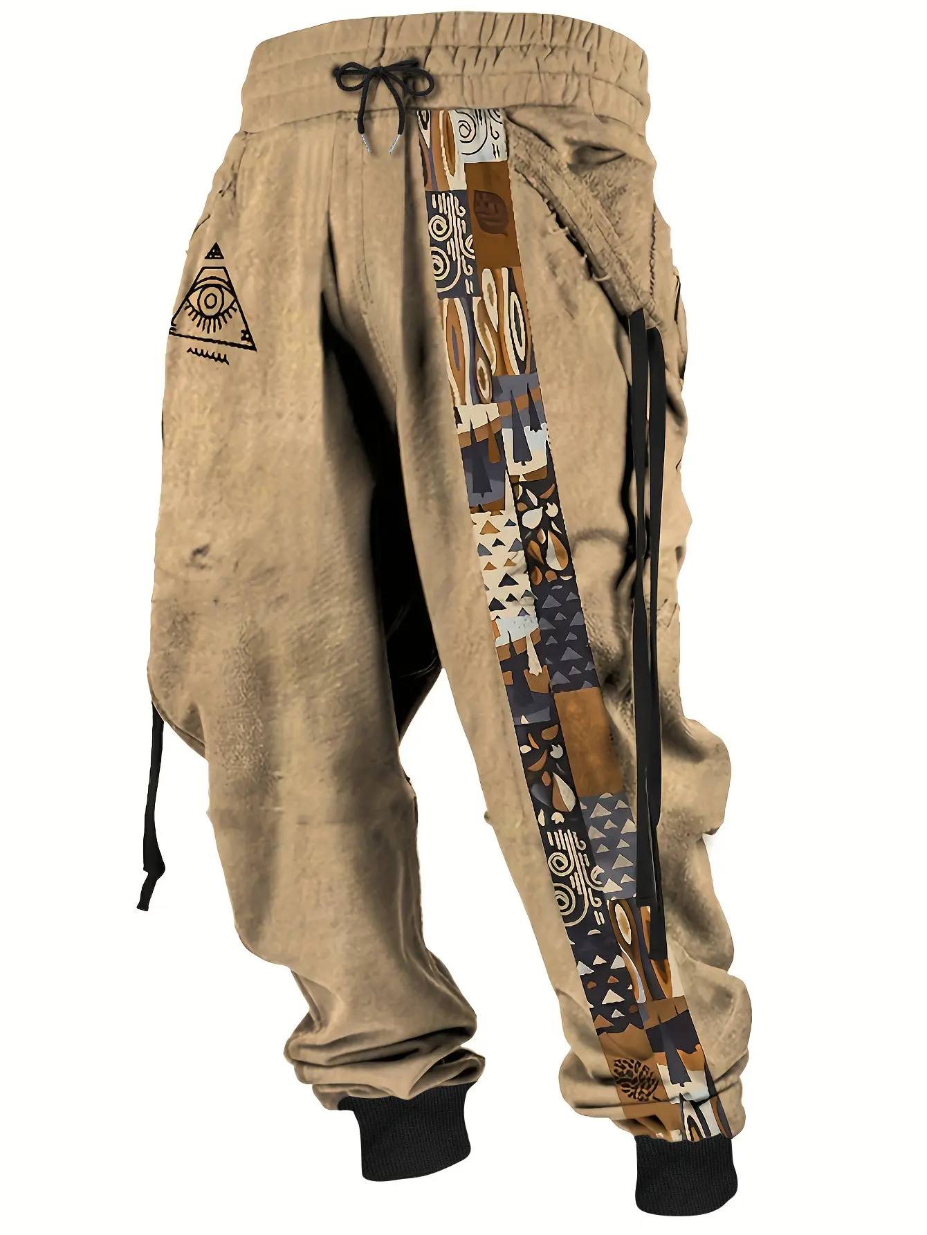 Menswear Stylish Retro Art-Printed Cuffed Pants for Men, Personalized Pattern, Polyester Material with Excellent Texture, Suitable for Daily Leisure Outings & Gifting, Plus-Size Friendly, Wrinkle, Mid Waist, Graphic