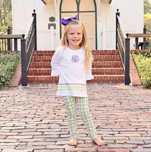 Mardi Gras Plaid Milly Legging Set - Girls Knit Outfit with White Top & Colorful Leggings