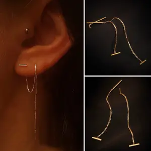 T-shaped earphone perforated box chain long tassel threaded sling earrings Christmas and New Year gifts