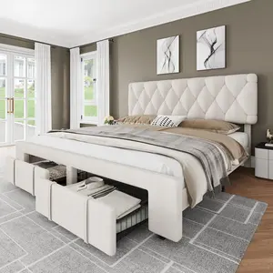 Garvee Velvet Queen Size Bed Frame, Upholstered Queen Platform Bedframe with 2 Storage Drawers & Wooden Slats Support, No Box Spring Needed Mattress Frame, Beige