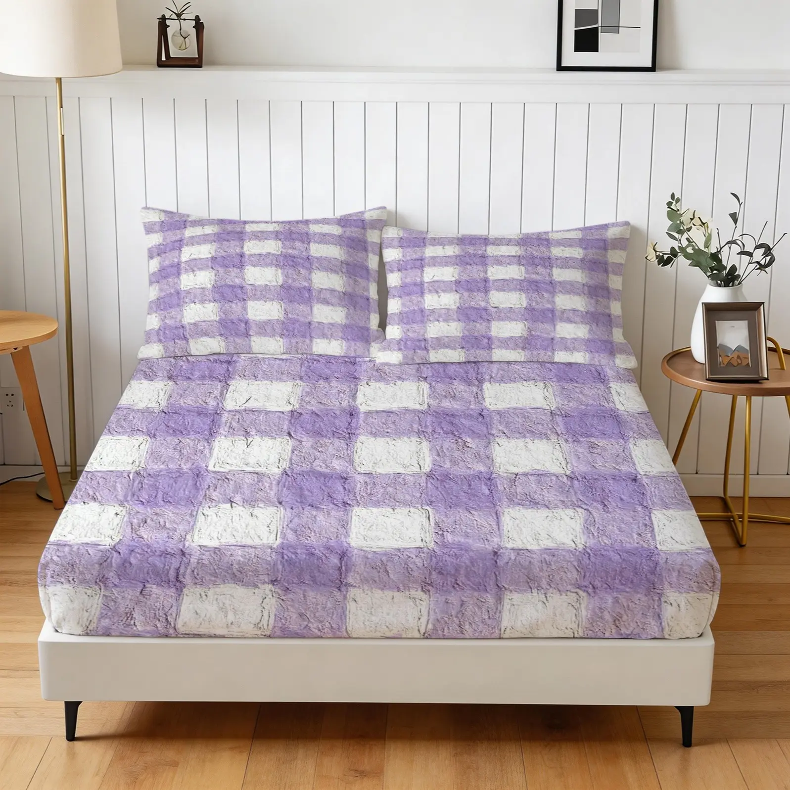 3PCS Purple Checkered Fitted Sheet Set, No Pillow Insert, Coquette Style Striped Bedding for Bedroom & Dorm, Cottagecore Decor, Great Gift Idea