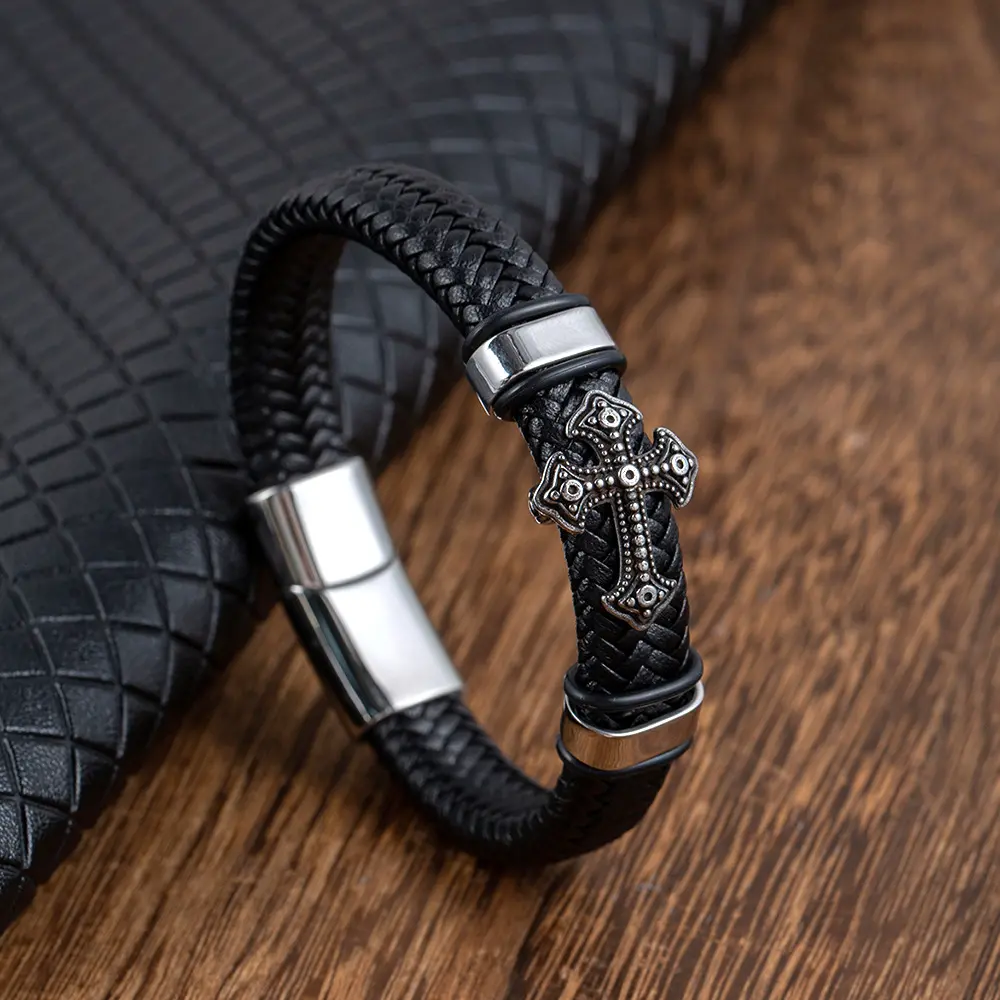 Punk Men Stainless Steel Cross Leather Bracelet Man Charm 12*6 Black Woven Custom Name Bracelet Magnet Clasp Gift