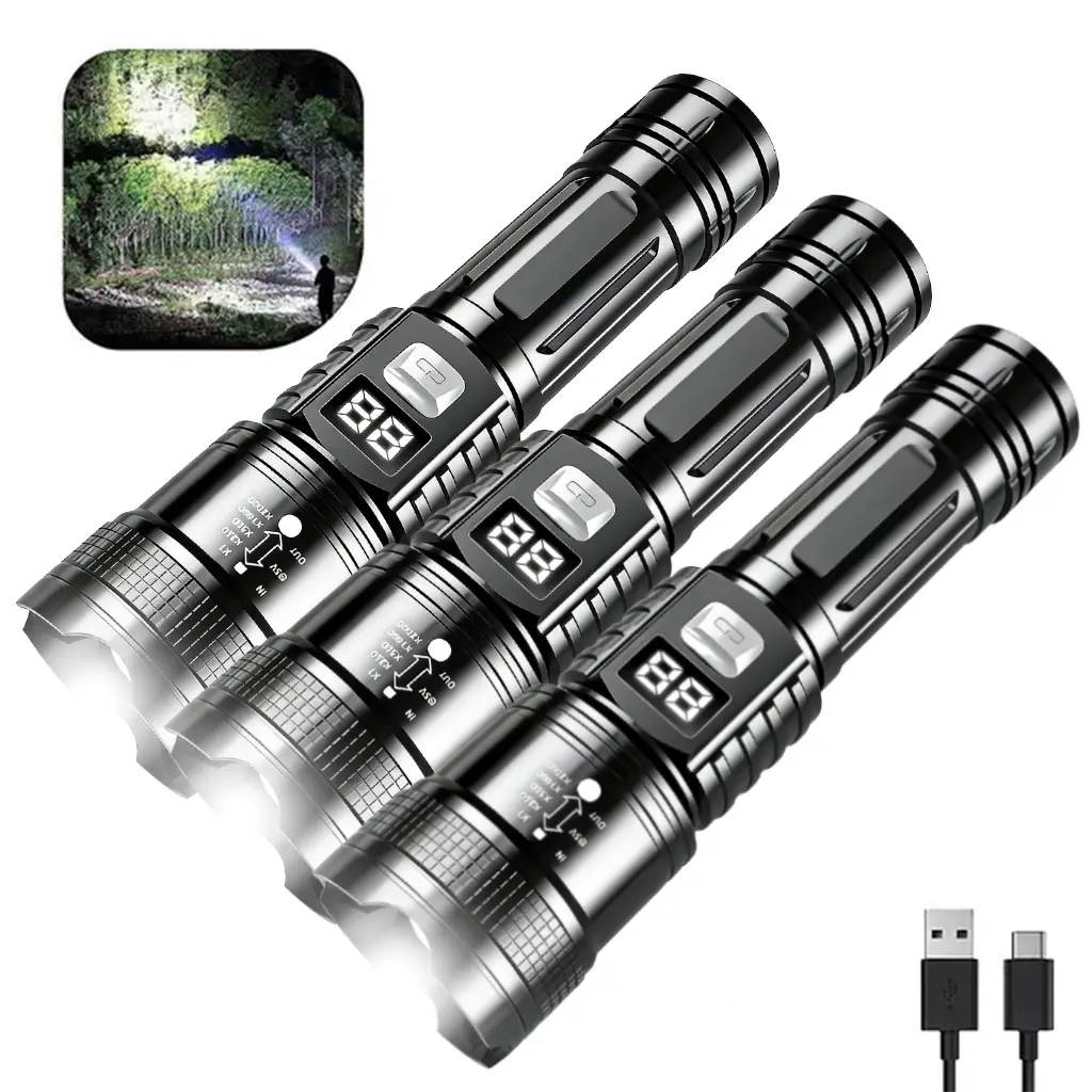 3Pcs Small Portable Flashlight, Camping Hiking Lights with 3-Mode Lighting, Telescopic Zoom, Smart Power Level Display, Handy Pocket Torch for Outdoor Emergency Household Use