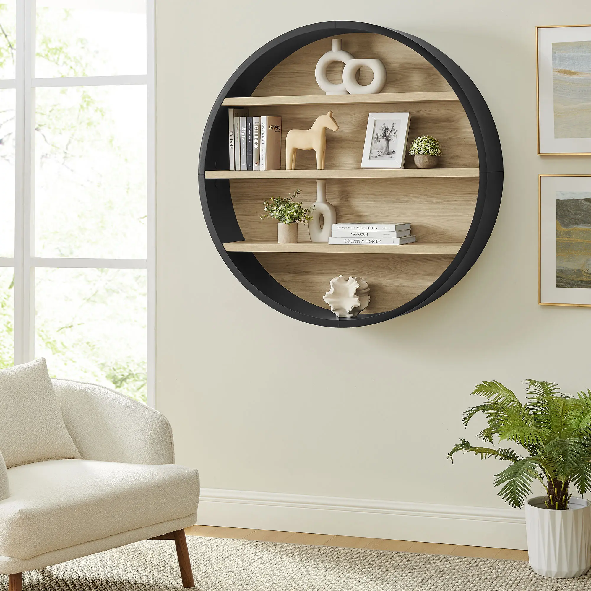 Romy 47" Round Wall Book Shelf in Black Natural