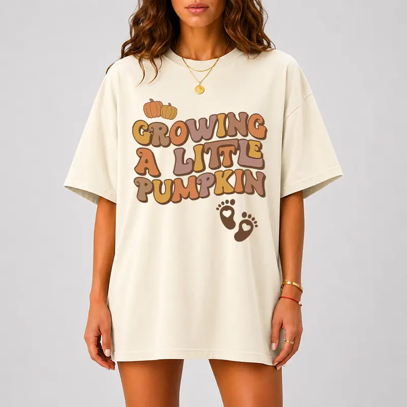 Women's "Growing A Little Pumpkin" Maternity Tops, Casual Retro Graphic Cotton Tee, Soft Relaxed Fit Apparel for Fall Pregnancy Announcements, Everyday, Printed, Round Neck