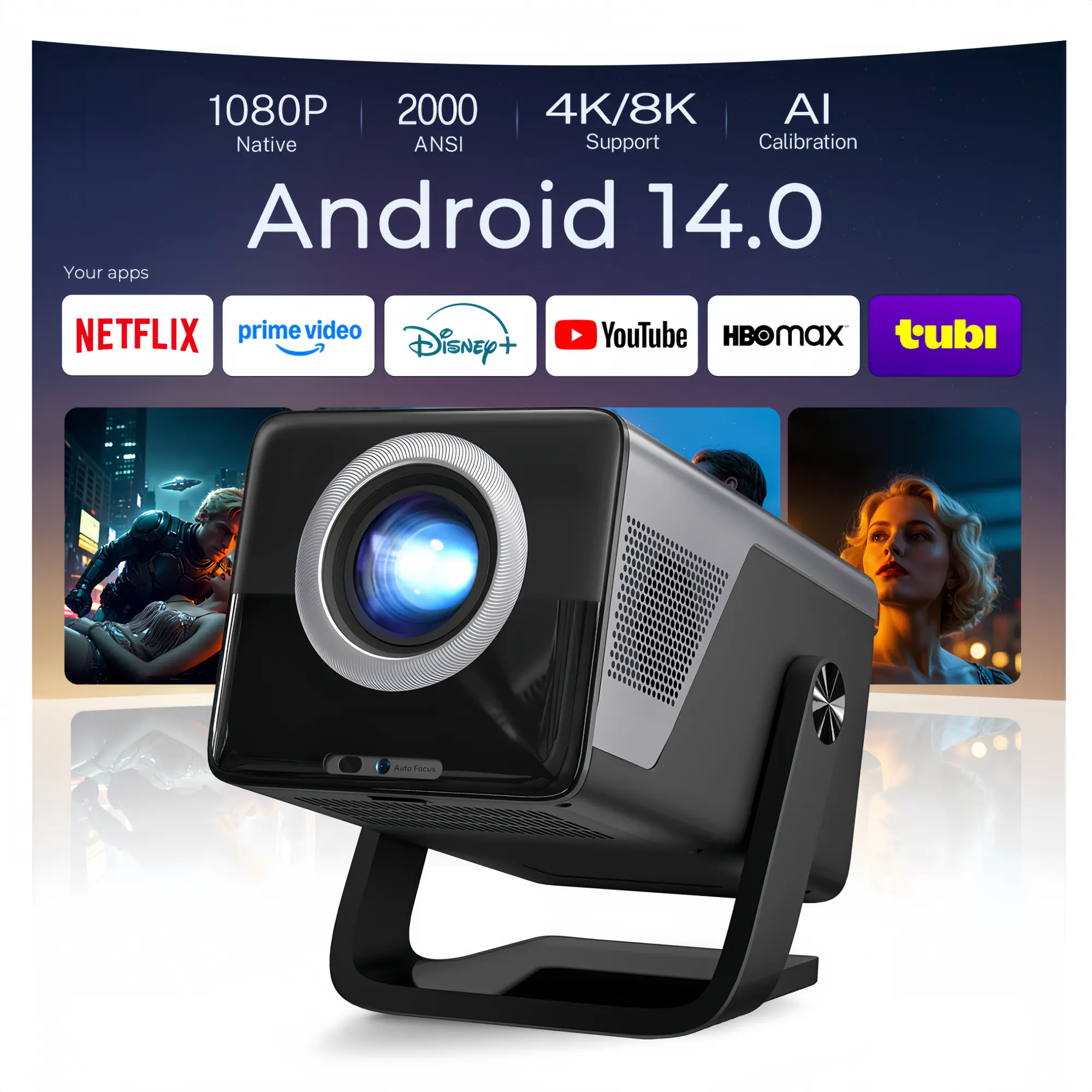 2000 ANSI Daylight Visible WEMI X7 Smart Projector Native 1080P, 4K 8K Supported, Android 14 Portable Projector with Auto Focus Keystone, WiFi Bluetooth HiFi Speaker for Home Theater Netflix