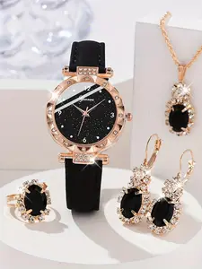 5-Piece Women's Jewelry Watch Set - Fashionable Diamond-Embedded Starry Sky Frosted Quartz Watch | Niche Light Luxury Leather Strap