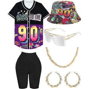 80s 90s Outfit for Women, Unisex Hip Hop Costume Baseball Jersey Shirt Yoga Pants Bucket Hat Gold Chain Rapper Accessories