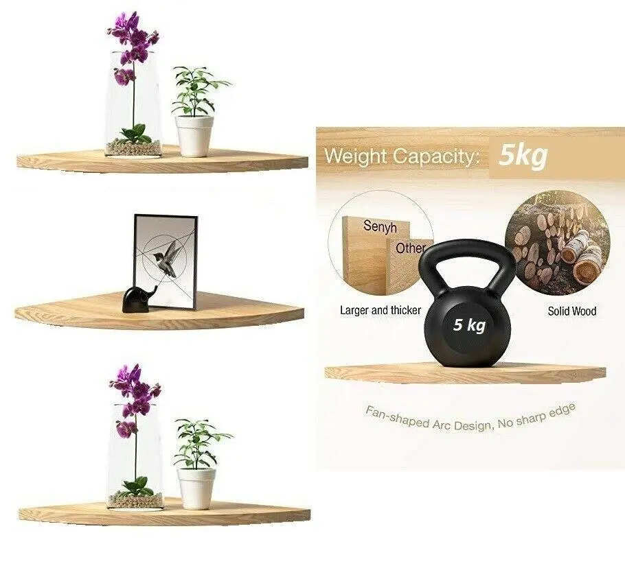 Set Of 3 Natural Wood Wooden Corner Shelf Wall Mounted Storage Unit Shelves Kit