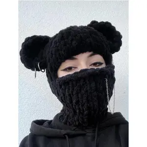 Women's Street Style Braided Design Bear Ear Decor Winter Hat, Casual Fitted Hat, Trendy Knitted Balaclava Hat for Fall & Winter, Fashion Accessories for Women & Girls, Gift Ideas for Women(Sheet)