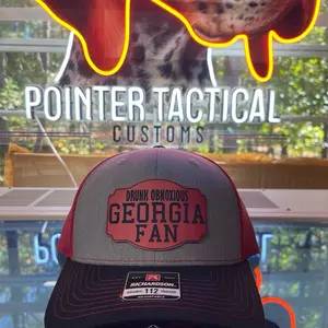 Drunk Obnoxious Georgia Fan Red Patch Hat – Gray/Black/Red Mesh Richardson 112 Trucker | Laser-Engraved Leather Patch | Pointer Tactical Customs