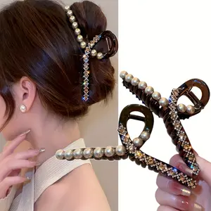 1pc Brown Rhinestone & Faux Pearl Large Hair Clip - Business Or Casual Wear Accessories, Suitable for Women Christmas, New Year, Valentine'S Day Gift Accessories Elegant Shark Thick Long