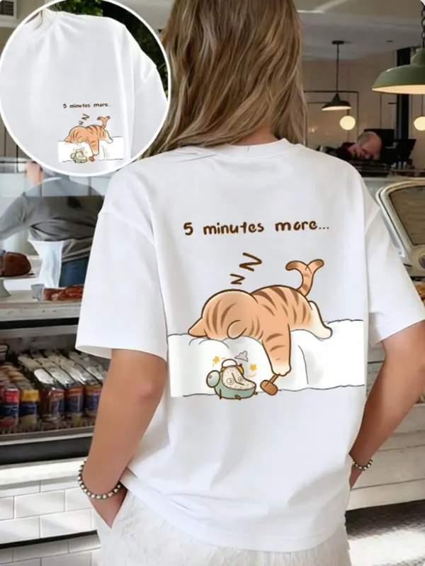 Lazy Chill Vibe Weekend Stay At Home Sleepy Cat 5 Minutes More Graphic T Shirt 100% Cotton Oversized Unisex Summer Short Sleeve Tee