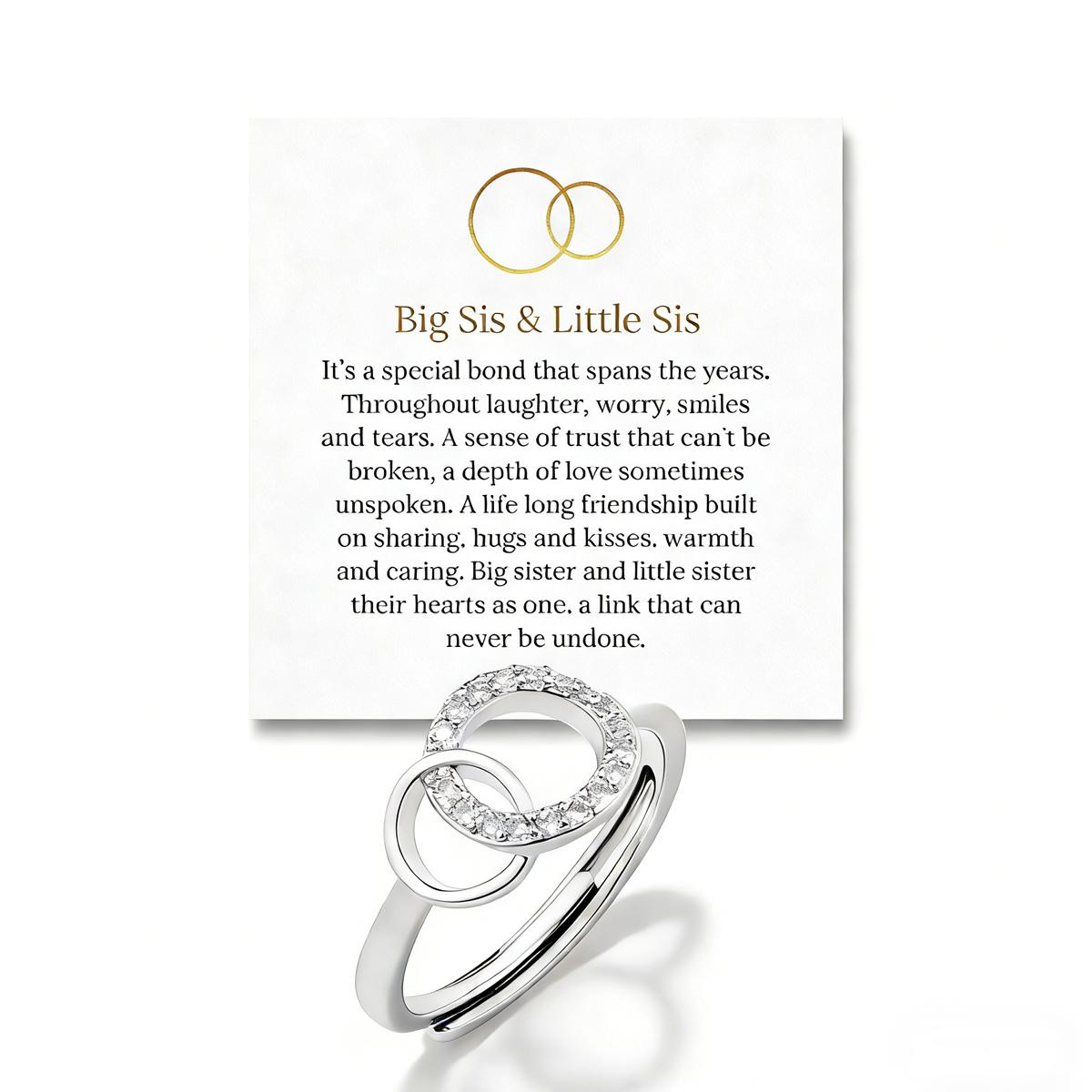 Big Sis Little Sis Interlocking Ring Set – Cubic Zirconia Double Circle Promise Ring for Sisters, Adjustable Sister Jewelry Gift, Perfect for Birthday, Christmas or Special Occasion