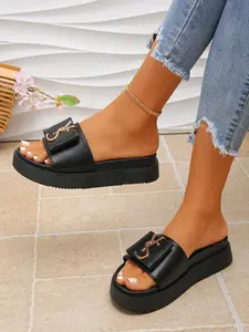Women's New Simple Metal Buckle Thick Sole Sandals, Height Increase Anti-Slip Wedge Heel Flip Flops, Casual PU Rubber Bottom Shoes