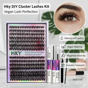 HKY DIY Cluster Lashes Kit 8-16mm 30D/40D 72H Hold Waterproof Vegan Bond Seal Beginner Friendly at Home Lash Extensions with Tweezers & Spoolie Eyelash Eyelashes Daily Makeup Oil Synthetic Cosmetic
