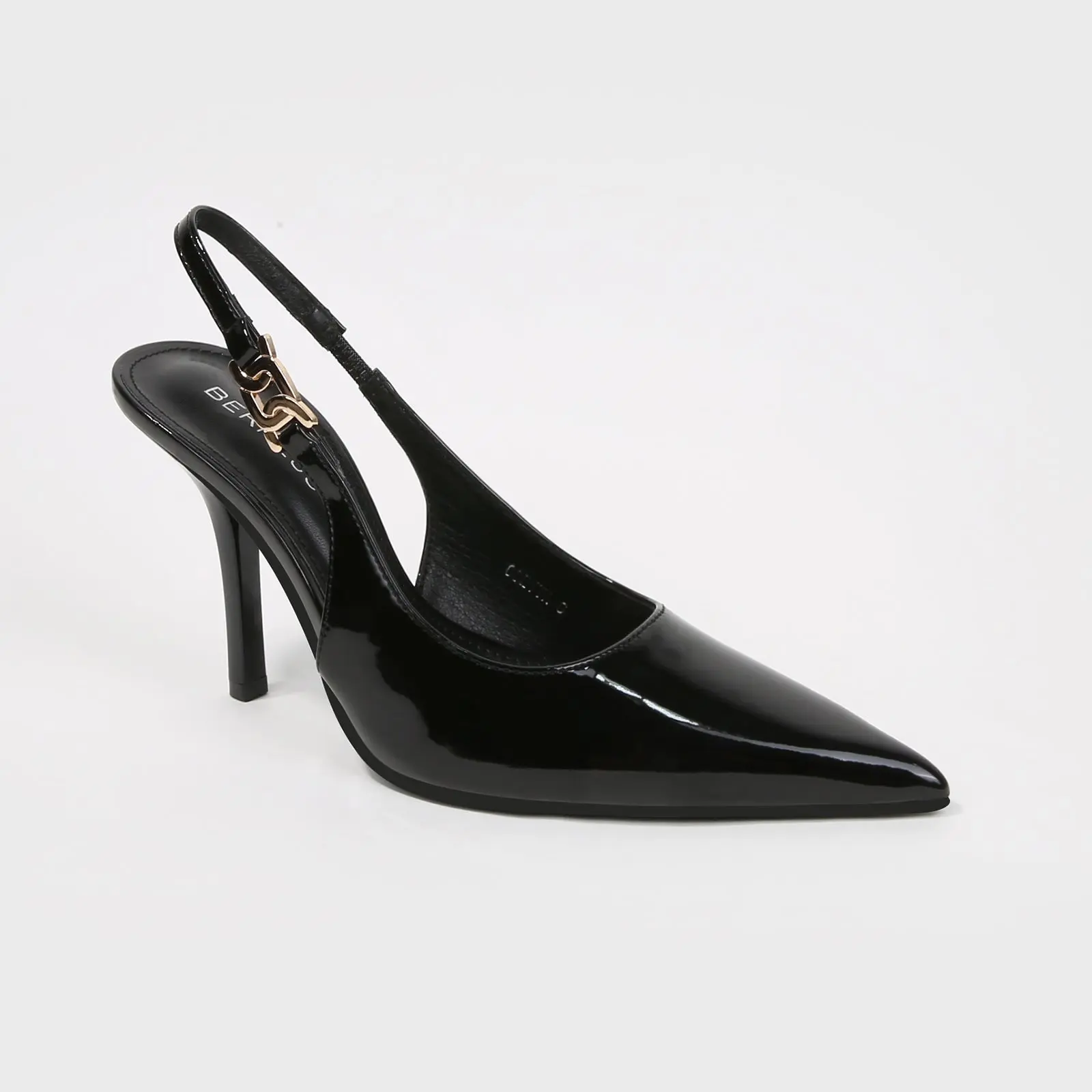 BERNESS Women's Pointed-Toe Slingback Stiletto Heels in Glossy Patent Vegan Leather with an Elegant Chain Accent