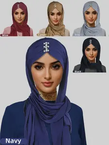 Elegant Women's Headscarf Hat with Rhinestone Decor, Pure Color Breathable Long Scarf, Soft and Comfortable Fashion Accessory, Turban Hijab