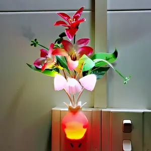 LED Second Generation Smart Flower Night Light with US plug, automatically turns off during the day and lights up at night with light sensor control. Ideal as a bedside night light and perfect as a birthday or love gift.