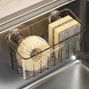Clear Suction Cup Sink Caddy Organizer, No-Drill Inside Sink Sponge Holder with Quick Drain Holes, Removable & Washable Kitchen Sink Storage for Sponges, Scrubbers, Brushes, Rust-Resistant Clutter Saver 7.7 × 3.3 × 3.5 in（Twist the Suction Cup to install）