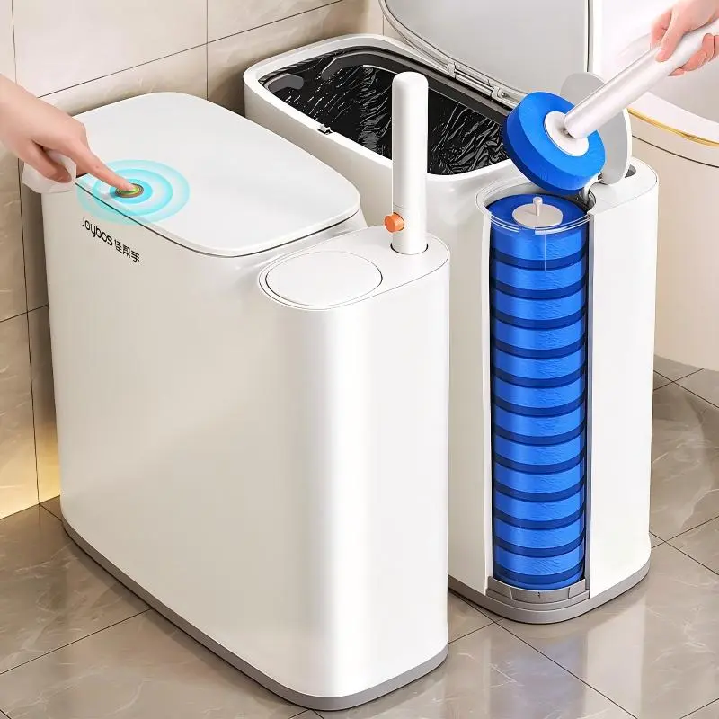 Joybos 2-in-1 Space-Saving Bathroom Trash Can or Toilet Brush Refills Options, Slim Waterproof Small Waste Basket with Lid and Disposable Wand System, Narrow Trash Bin for Powder Room, RV, Camper, White