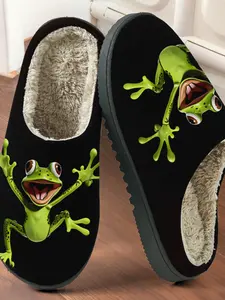 Cartoon Frog Printed Cotton Slippers, Funny Cute Style, Plush Lined Anti-Slip Thick Rubber Sole, Home Warm Shoes for Men and Women Fall & Winter