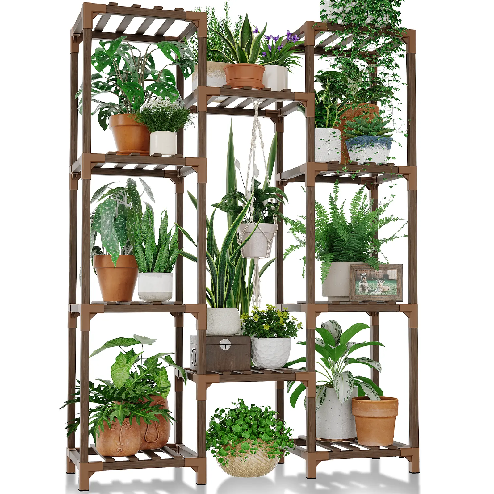 Bamworld Eucalyptus Wood 10-Shelf Vertical Garden Rack - Indoor-Outdoor Tall Flower Pot Holder with Large Tiers, 150 lbs Capacity, 30-Inch Center, 30"*11.8"*42.5 Dimensions, Home Organizer for Living Room, Patio, Brown