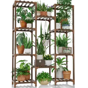 Bamworld Plant Stand Indoor Outdoor Tall Plant Shelf for Multiple Plants Pots Wood Flower Stand Large Flower Holder for Living Room, Patio, Balcony, Garden Decor, Brown